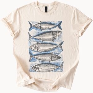 Stacked Fish Graphic Tee Bold Woodcut Style Print Natural